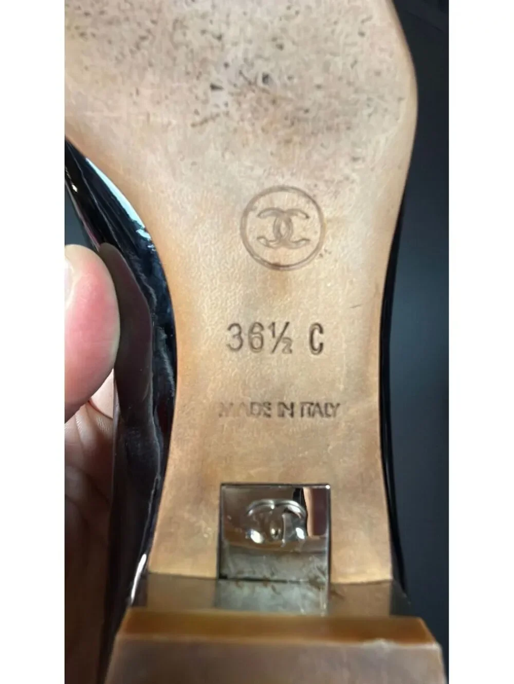 Chanel Black Metallic Peep Toe Patent Flats Size 36.5
